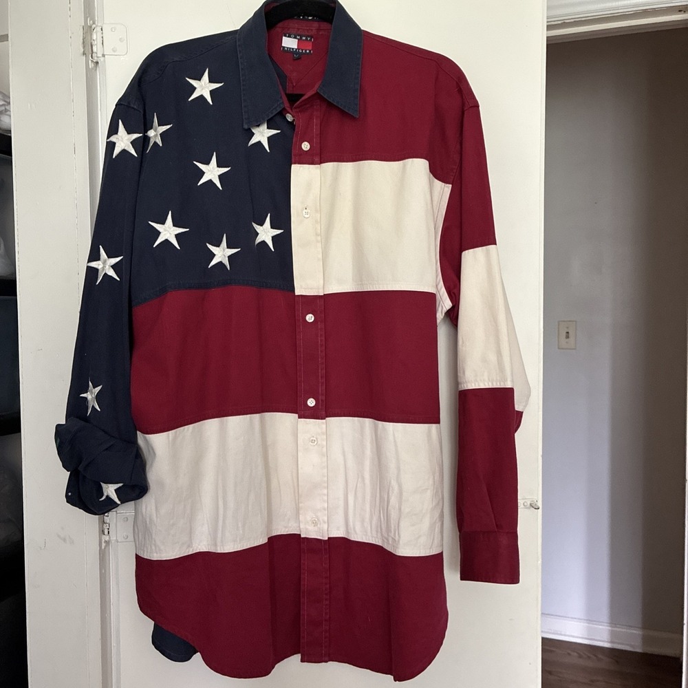 VTG Tommy Hilfiger Shirt Size Large USA American Flag Patchwork Patriotic 90s